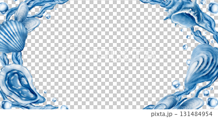 Marine seashells in horizontal oval frame:twisted spiky seashell,oyster,mussel,ribbed cemicircular seashell,laminaria,air bubbles in blue monochrome colors.Minimalism graphic in watecolor illustration Marine seashells in horizontal oval frame:twisted spiky seashell,oyster,mussel,ribbed cemicircular seashell,laminaria,air bubbles in blue monochrome colors.Minimalism graphic in watecolor illustration 131484954