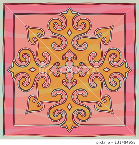 Vector Central Asian nomadic ornament in soft pastel palette with pink, yellow, white and brown for modern textiles, feminine packaging and decorative folk inspired designs 131484958