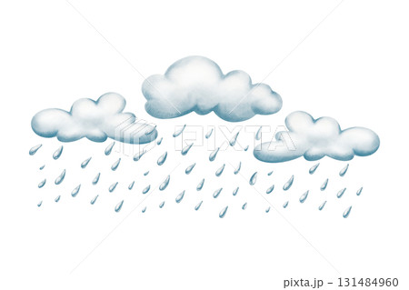Cheerful cartoon rain clouds with falling droplets,crafted with soft watercolor washes and textured colored pencils.For childrens books,weather themes and playful seasonal designs Cheerful cartoon rain clouds with falling droplets,crafted with soft watercolor washes and textured colored pencils.For childrens books,weather themes and playful seasonal designs 131484960