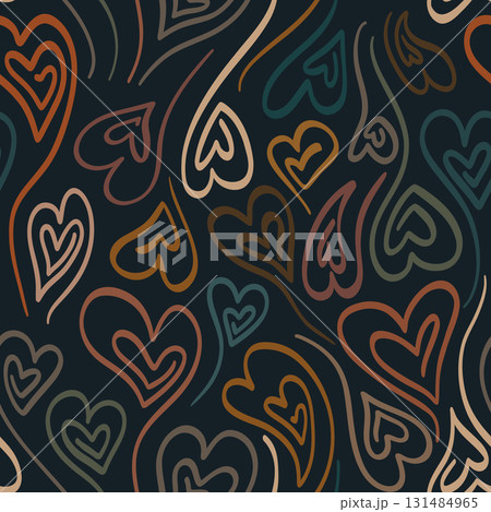 Seamless hand drawn heart pattern in earthy terracotta and green colors on black background 131484965