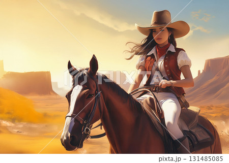 アメリカの西部劇風の風景と馬に乗るカウガール　 131485085