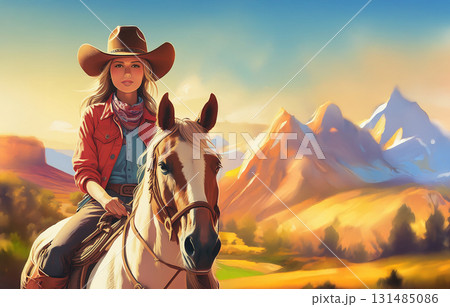 アメリカの西部劇風の風景と馬に乗るカウガール   アメリカの西部劇風の風景と馬に乗るカウガール   131485086