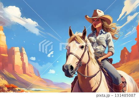 アメリカの西部劇風の風景と馬に乗るカウガール　 131485087
