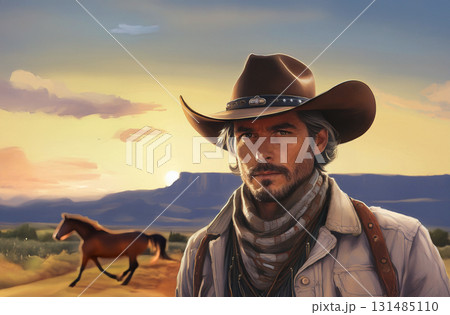 アメリカの西部劇風の風景とカウボーイと馬 131485110