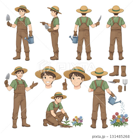 Farmer or gardener worker wearing overall uniform holding work tool. Character for animation. Front, side and back view set. Body parts, postures, poses collection. illustration design. 131485268