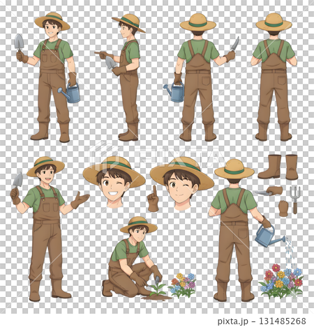 Farmer or gardener worker wearing overall uniform holding work tool. Character for animation. Front, side and back view set. Body parts, postures, poses collection. illustration design. 131485268