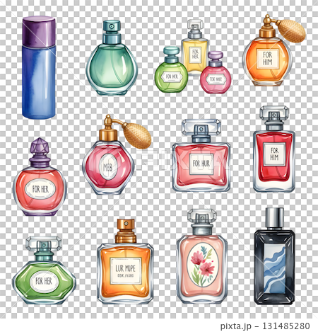 Set of Perfume Bottles characters. Watercolour illustration design 131485280