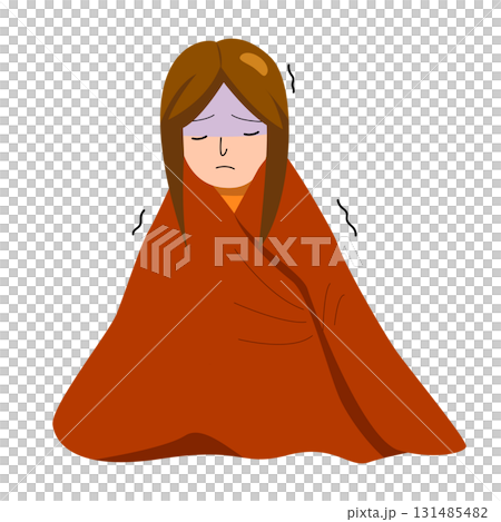 A sick woman wrapped in a blanket. Feeling unwell. High temperature. Medical, case study and illustration concept A sick woman wrapped in a blanket. Feeling unwell. High temperature. Medical, case study and illustration concept 131485482
