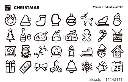 クリスマスの手描きアイコンイラストセット　EPS版は線の太さ等編集可能 131485514