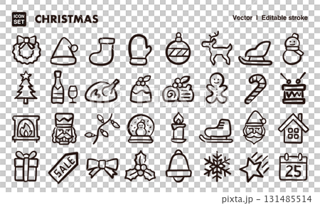 聖誕節手繪圖示插畫集。 EPS 版本可編輯以變更線條粗細等。 聖誕節手繪圖示插畫集。 EPS 版本可編輯以變更線條粗細等。 131485514