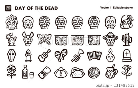 メキシコの死者の日の手描きアイコンイラストセット　EPS版は線の太さ等編集可能 131485515