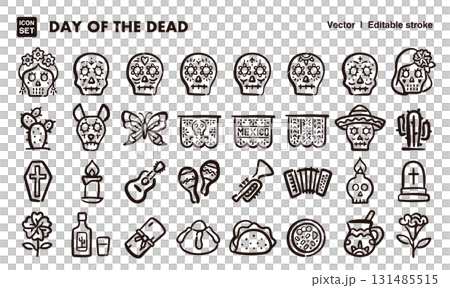 メキシコの死者の日の手描きアイコンイラストセット　EPS版は線の太さ等編集可能 131485515