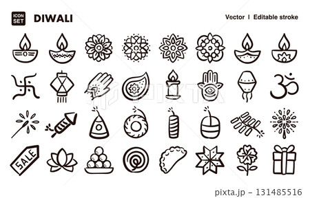 インド、ディワリのお祭り手描きアイコンイラストセット EPS版は線の太さ等編集可能 インド、ディワリのお祭り手描きアイコンイラストセット EPS版は線の太さ等編集可能 131485516