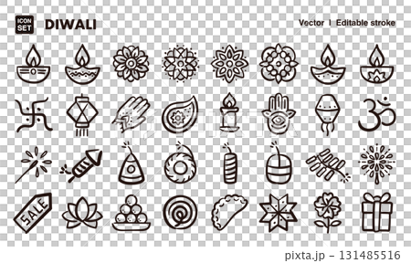 インド、ディワリのお祭り手描きアイコンイラストセット EPS版は線の太さ等編集可能 インド、ディワリのお祭り手描きアイコンイラストセット EPS版は線の太さ等編集可能 131485516