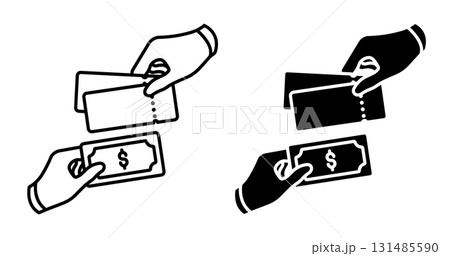 Linear icon. Cashier and a customer exchange money and sold tickets for a circus show. Simple black and white vector isolated on white background Linear icon. Cashier and a customer exchange money and sold tickets for a circus show. Simple black and white vector isolated on white background 131485590