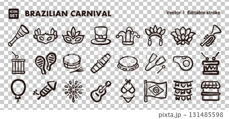 ブラジル、リオのカーニバルの手描きアイコンイラストセット　EPS版は線の太さ等編集可能 131485598