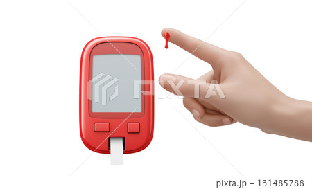 Hand holding a blood sample near a blood glucose meter, AI, PNG 131485788