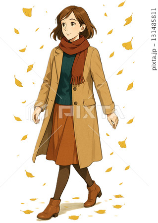 銀杏並木を歩く女性 131485811