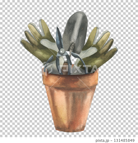 Clay pot with garden shears, trowel and garden gloves watercolor illustration. Hand drawn gardening tool clipart, rustic countryside equipment painting for hobby magazine design, label,packing Clay pot with garden shears, trowel and garden gloves watercolor illustration. Hand drawn gardening tool clipart, rustic countryside equipment painting for hobby magazine design, label,packing 131485849