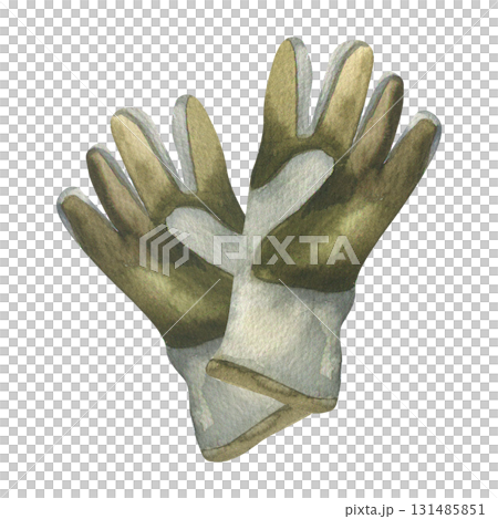 Pair of gardening gloves watercolor illustration. Hand drawn leather hand wear clipart for working in garden, protection for fingers and skin. Fabric gloves for caring plants and flowers Pair of gardening gloves watercolor illustration. Hand drawn leather hand wear clipart for working in garden, protection for fingers and skin. Fabric gloves for caring plants and flowers 131485851