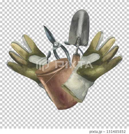 Gardening tools watercolor illustration with metal shears,gardening fabric gloves,clay pot and trowel. Hand drawn equipment for garden and rustic life, use for hobby magazine,packing,seed design Gardening tools watercolor illustration with metal shears,gardening fabric gloves,clay pot and trowel. Hand drawn equipment for garden and rustic life, use for hobby magazine,packing,seed design 131485852