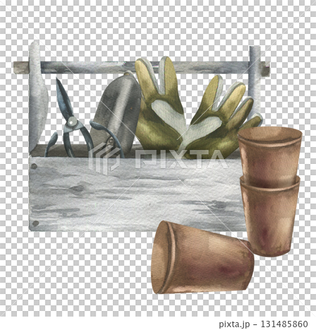 Garden tools watercolor composition with fabric gloves, shears, metal shovel in wooden box with clay flower pots illustration. Hand drawn rustic life tools clipart for planting book,hobby stickers Garden tools watercolor composition with fabric gloves, shears, metal shovel in wooden box with clay flower pots illustration. Hand drawn rustic life tools clipart for planting book,hobby stickers 131485860
