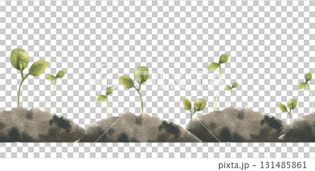 Eco friendly watercolor seamless border with green sprouts in black soil illustration. Hand drawn spring seeding clipart, gardening and planting banner for eco, vegan food packing, biology, nature 131485861