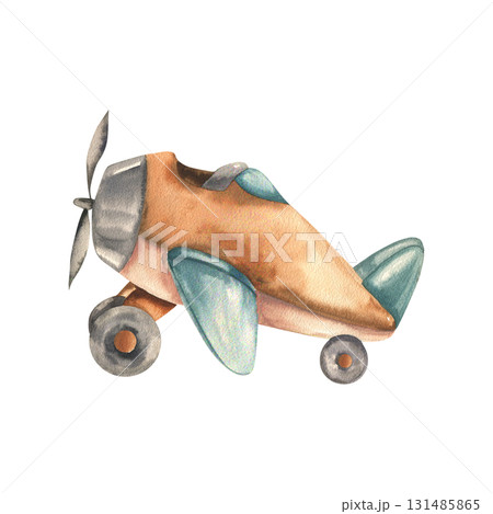 Retro air plane toy watercolor illustration. Hand drawn flying baby boy toy clipart in beige and green colors, plane with propeller for room poster, baby shower card design Retro air plane toy watercolor illustration. Hand drawn flying baby boy toy clipart in beige and green colors, plane with propeller for room poster, baby shower card design 131485865