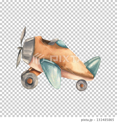 Retro air plane toy watercolor illustration. Hand drawn flying baby boy toy clipart in beige and green colors, plane with propeller for room poster, baby shower card design Retro air plane toy watercolor illustration. Hand drawn flying baby boy toy clipart in beige and green colors, plane with propeller for room poster, baby shower card design 131485865