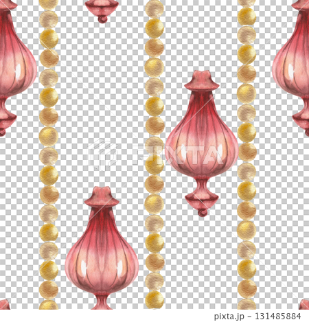 Christmas festive retro seamless pattern with watercolor red Christmas tree decorations and golden garland illustration. New year wrapping paper design. Holy gift packing Christmas festive retro seamless pattern with watercolor red Christmas tree decorations and golden garland illustration. New year wrapping paper design. Holy gift packing 131485884
