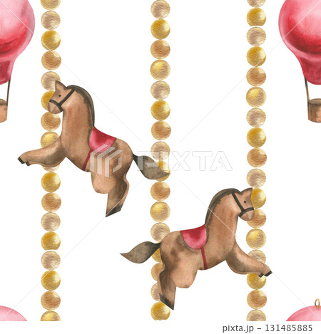 Christmas and New Year watercolor seamless pattern with wooden retro horse toy, red balloon and golden garland illustration.Hand drawn winter festive vintage background with symbol of New year Christmas and New Year watercolor seamless pattern with wooden retro horse toy, red balloon and golden garland illustration.Hand drawn winter festive vintage background with symbol of New year 131485885