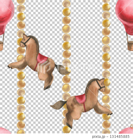 Christmas and New Year watercolor seamless pattern with wooden retro horse toy, red balloon and golden garland illustration.Hand drawn winter festive vintage background with symbol of New year Christmas and New Year watercolor seamless pattern with wooden retro horse toy, red balloon and golden garland illustration.Hand drawn winter festive vintage background with symbol of New year 131485885