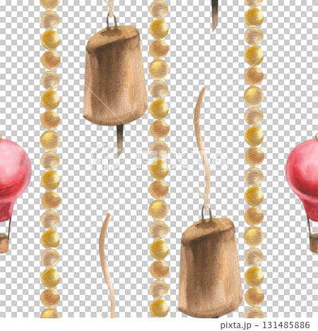 Golden ball and red balloon decorated with golden festive garland watercolor seamless pattern. Christmas and New year festive background for seasonal wrapping,packing,wallpaper design Golden ball and red balloon decorated with golden festive garland watercolor seamless pattern. Christmas and New year festive background for seasonal wrapping,packing,wallpaper design 131485886