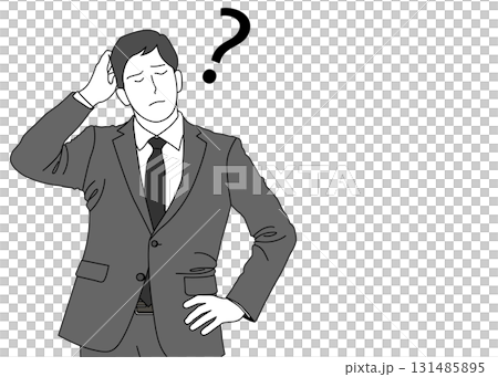 Illustration of a businessman worried about doubts, upper body front, monochrome Illustration of a businessman worried about doubts, upper body front, monochrome 131485895