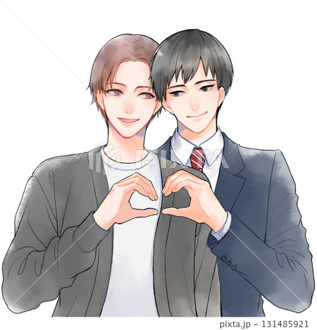 ハートポーズを作る男性同士のカップルイラスト 131485921
