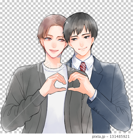 ハートポーズを作る男性同士のカップルイラスト 131485921