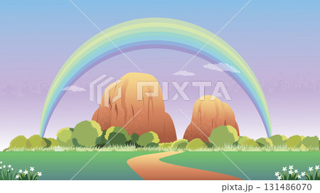 Rainbow in Clear Sky Over Serene Meadow 131486070