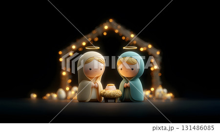Cartoonish depiction of the Holy Family of Jesus Christ, Mary and Joseph 131486085