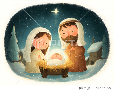 Drawing of a man, woman and baby in a nativity scene 131486099