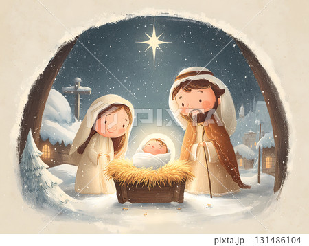 Drawing of a man, woman and baby in a nativity scene 131486104