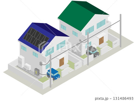 アイソメトリックなオール電化をイメージした家とそうではない家の住宅セット アイソメトリックなオール電化をイメージした家とそうではない家の住宅セット 131486493