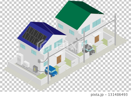 アイソメトリックなオール電化をイメージした家とそうではない家の住宅セット アイソメトリックなオール電化をイメージした家とそうではない家の住宅セット 131486493