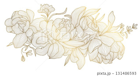 Luxury floral vector background, golden peony outlines, botanical leaves, elegant line patterns, Japanese, Chinese art. Wedding invitation, spring card, oriental wallpaper, decorative template. 131486593