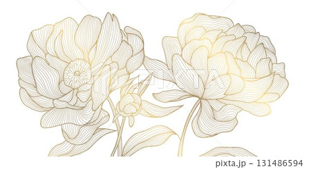 Luxury floral vector background, golden peony outlines, botanical leaves, elegant line patterns, Japanese, Chinese art. Wedding invitation, spring card, oriental wallpaper, decorative template. Luxury floral vector background, golden peony outlines, botanical leaves, elegant line patterns, Japanese, Chinese art. Wedding invitation, spring card, oriental wallpaper, decorative template. 131486594