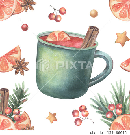 Seamless holiday pattern with mulled wine, orange slices, berries, stars. Hand-painted watercolor illustration isolated on white for printing on textile, packaging, wrapping paper, festive decor, 131486613