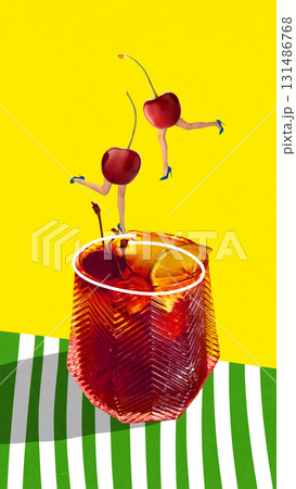 Vibrant poster. Cocktail glass with dancing cherries on bold yellow background 131486768
