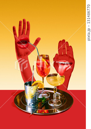 Abstract collage of cocktails with red surreal hands and playful mouths Abstract collage of cocktails with red surreal hands and playful mouths 131486770