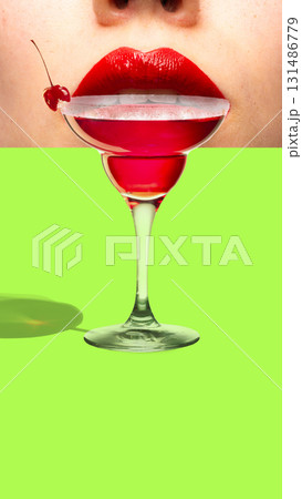 Trendy composition. Lips merged with cocktail glass of red drink and cherry garnish Trendy composition. Lips merged with cocktail glass of red drink and cherry garnish 131486779