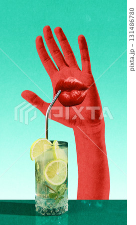 Bold colorful poster. Red surreal hand with lips sipping mojito cocktail through straw Bold colorful poster. Red surreal hand with lips sipping mojito cocktail through straw 131486780