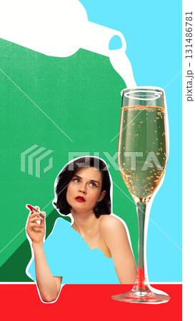 Creative digital artwork. Woman with lipstick gazing at champagne flute being poured Creative digital artwork. Woman with lipstick gazing at champagne flute being poured 131486781